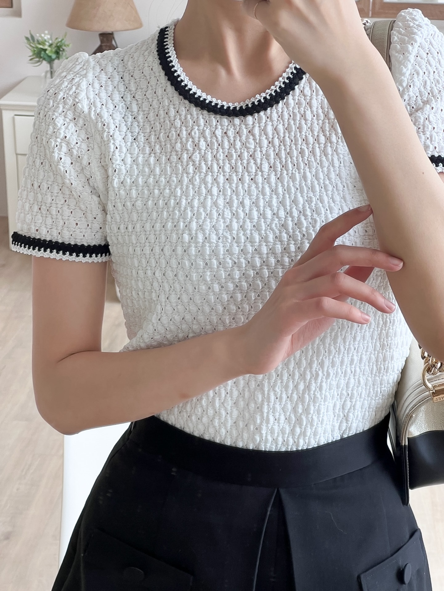 配色ラインエンボスパフ半袖Tシャツ | 詳細画像7