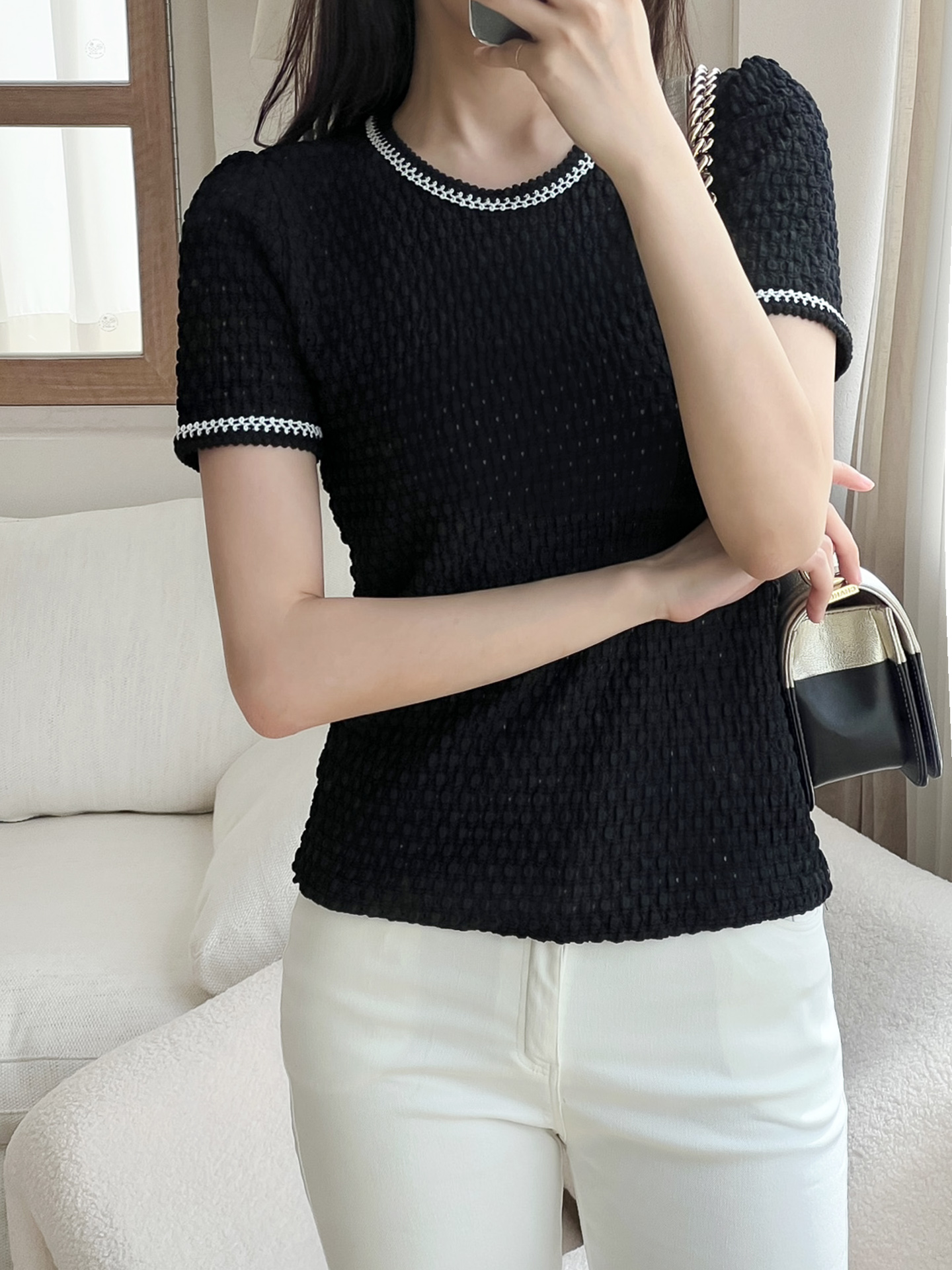 配色ラインエンボスパフ半袖Tシャツ | 詳細画像8