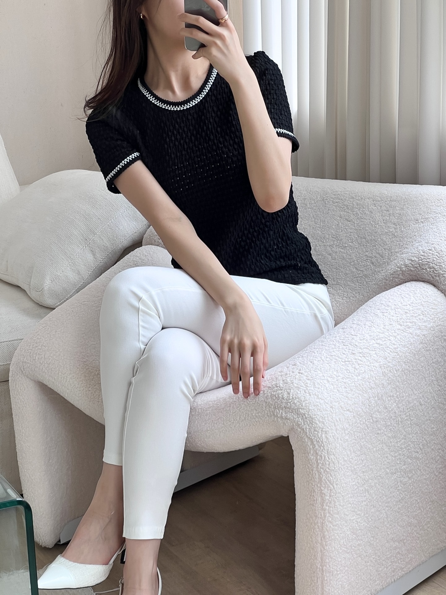 配色ラインエンボスパフ半袖Tシャツ | 詳細画像13