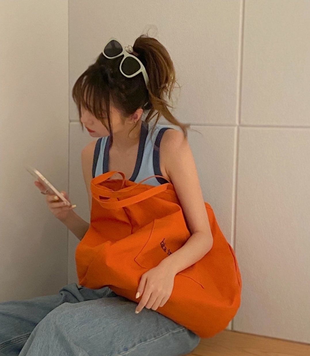 刺繍レタリングポケットビッグトートバッグ | 詳細画像3