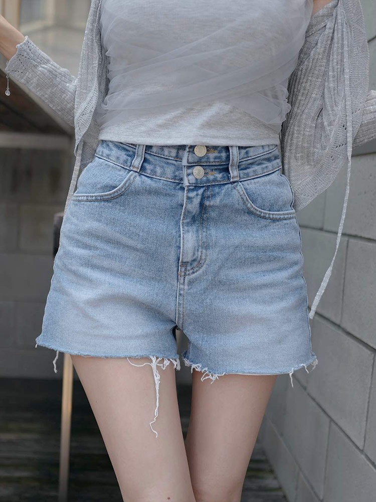 ツーボタンハイウエストデニムショートパンツ | レディース