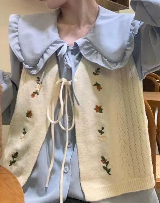 リボンVネック花柄刺繍ニットベスト | 詳細画像4