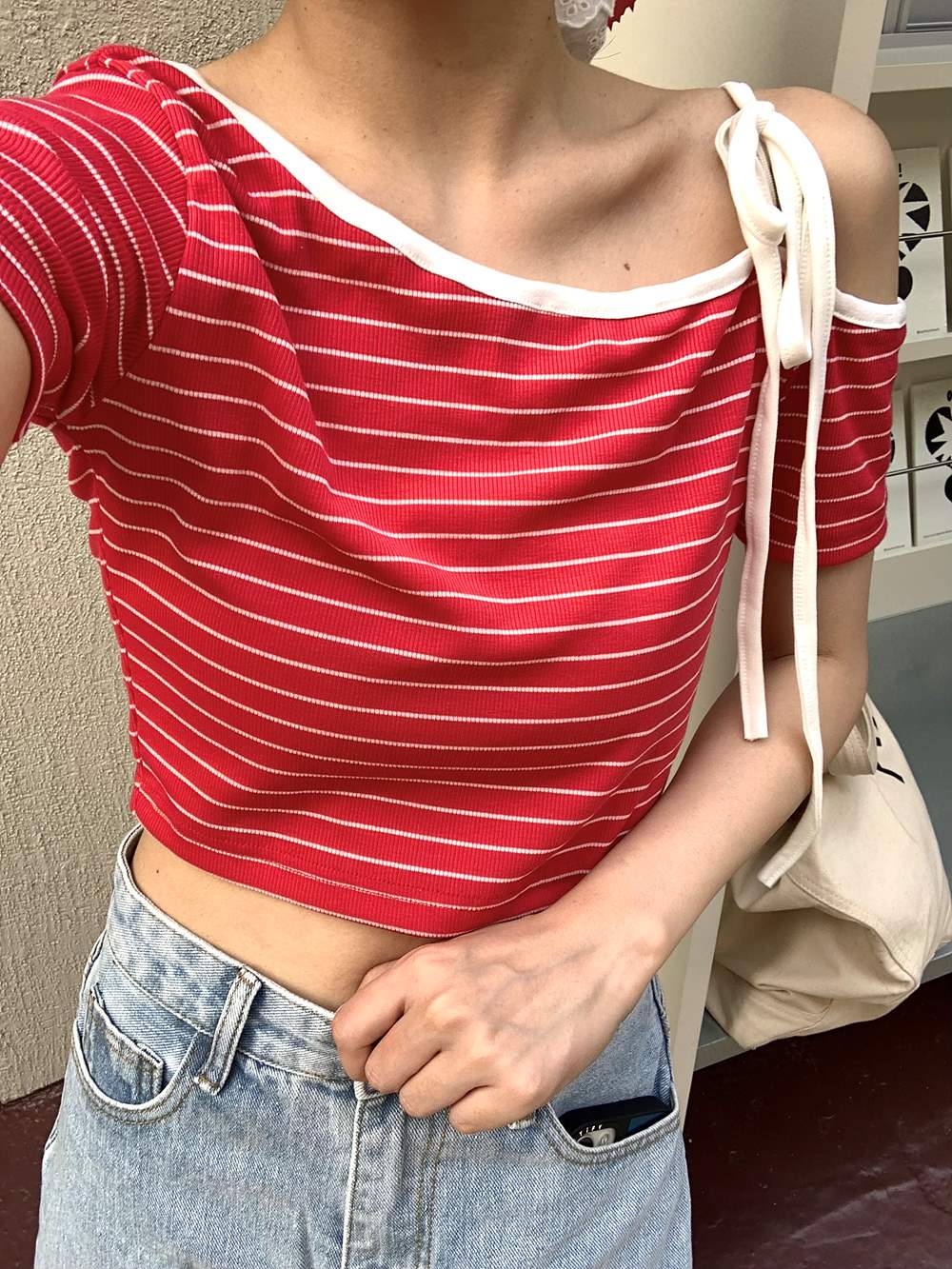 リボンワンショルボーダー半袖Tシャツ | 詳細画像4