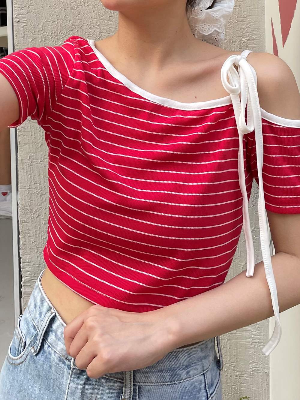 リボンワンショルボーダー半袖Tシャツ | 詳細画像5
