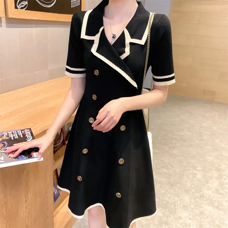 テーラード配色ダブルボタン半袖ニットワンピース | 詳細画像1