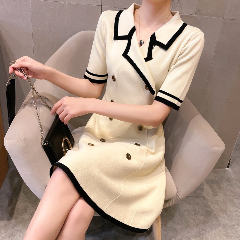 テーラード配色ダブルボタン半袖ニットワンピース | 詳細画像2