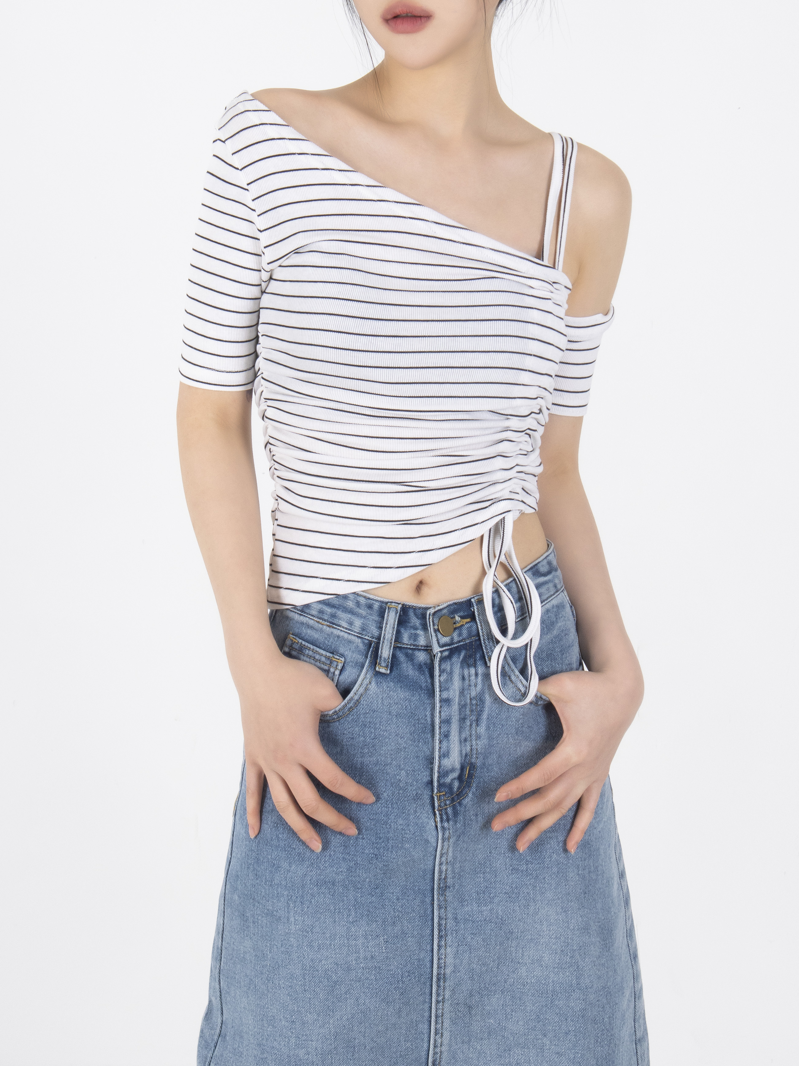 シャーリングワンショルダークロップド半袖Tシャツ | 詳細画像13