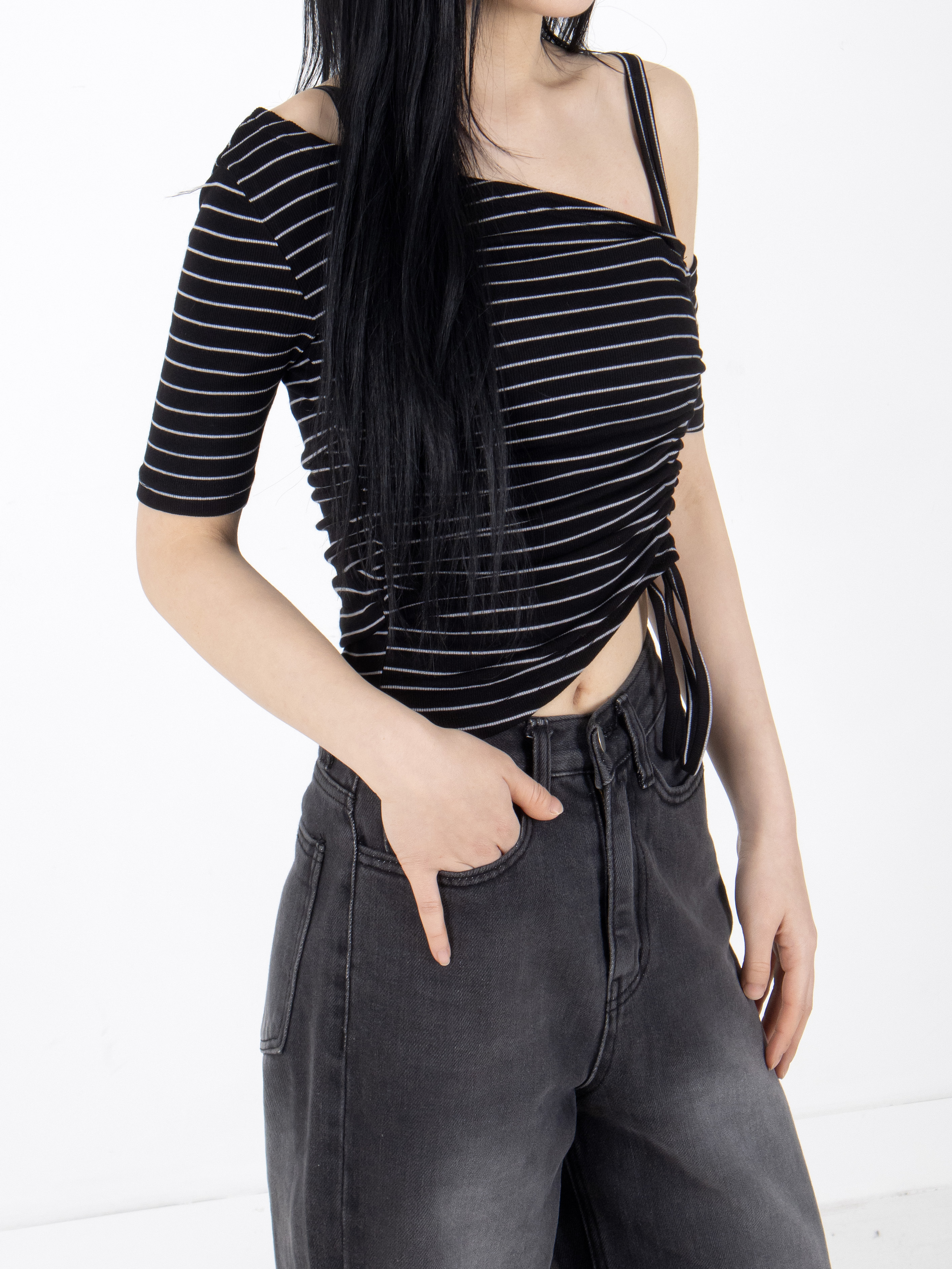 シャーリングワンショルダークロップド半袖Tシャツ | 詳細画像8