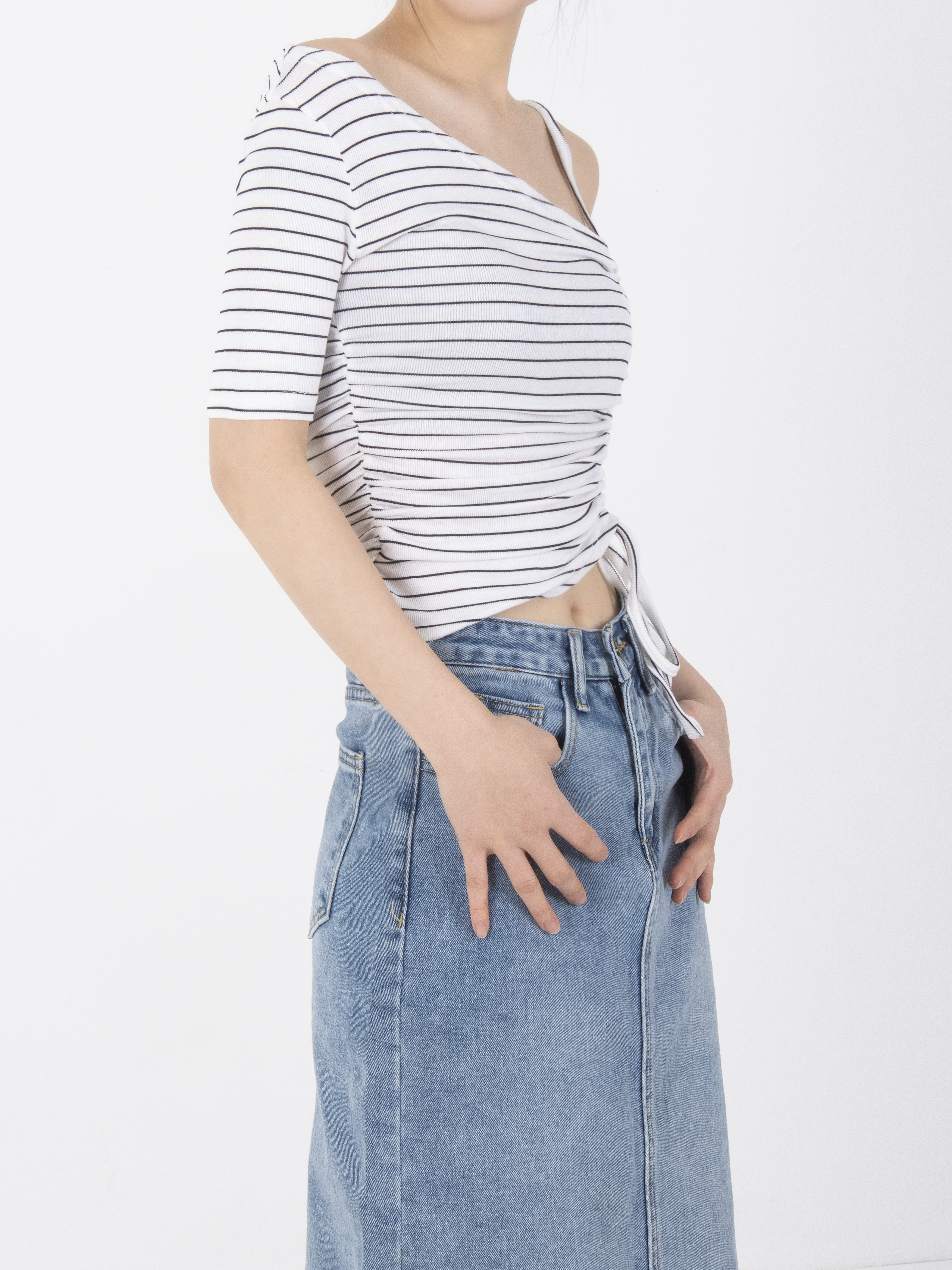 シャーリングワンショルダークロップド半袖Tシャツ | 詳細画像16