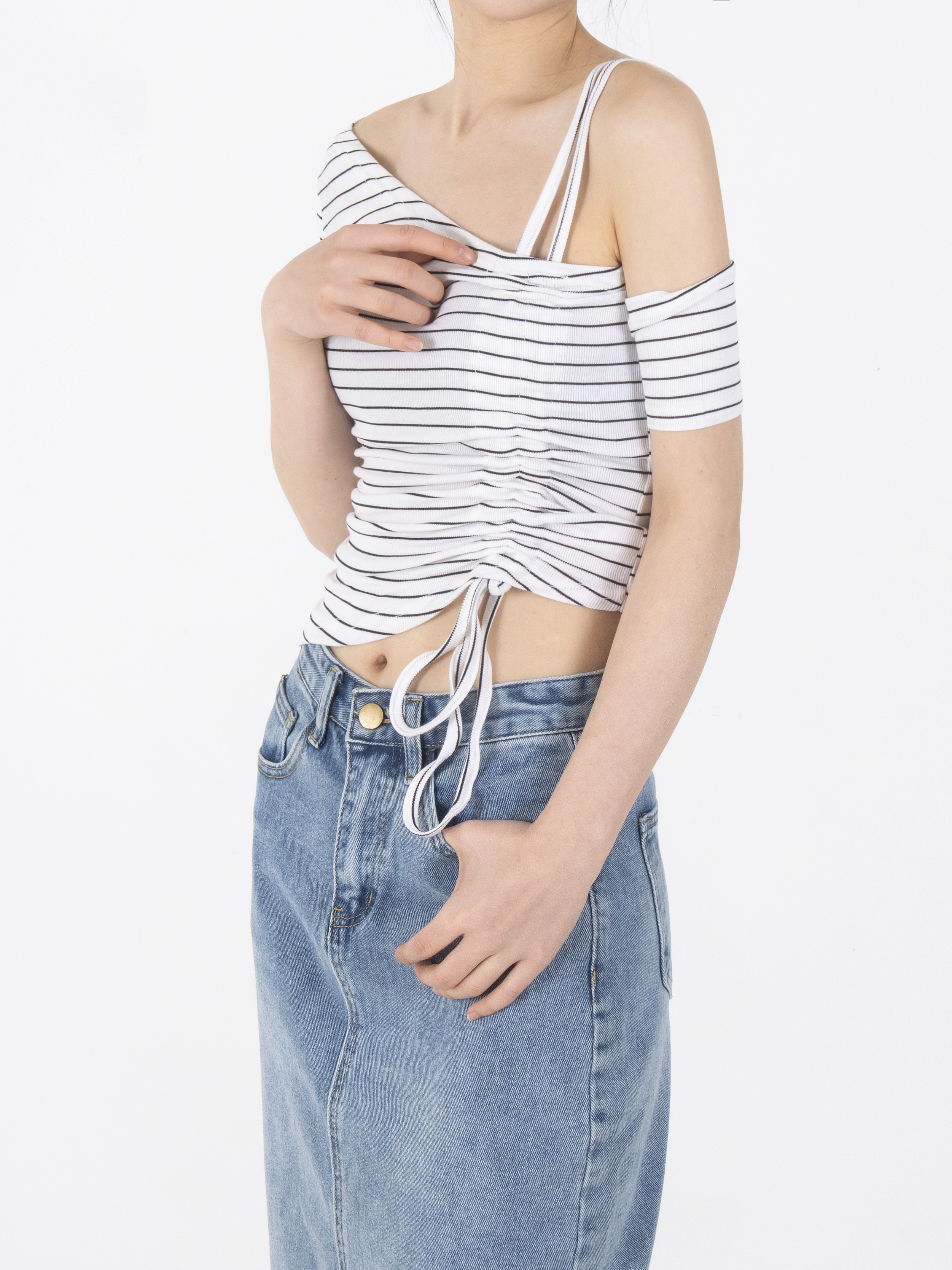 シャーリングワンショルダークロップド半袖Tシャツ | 詳細画像15
