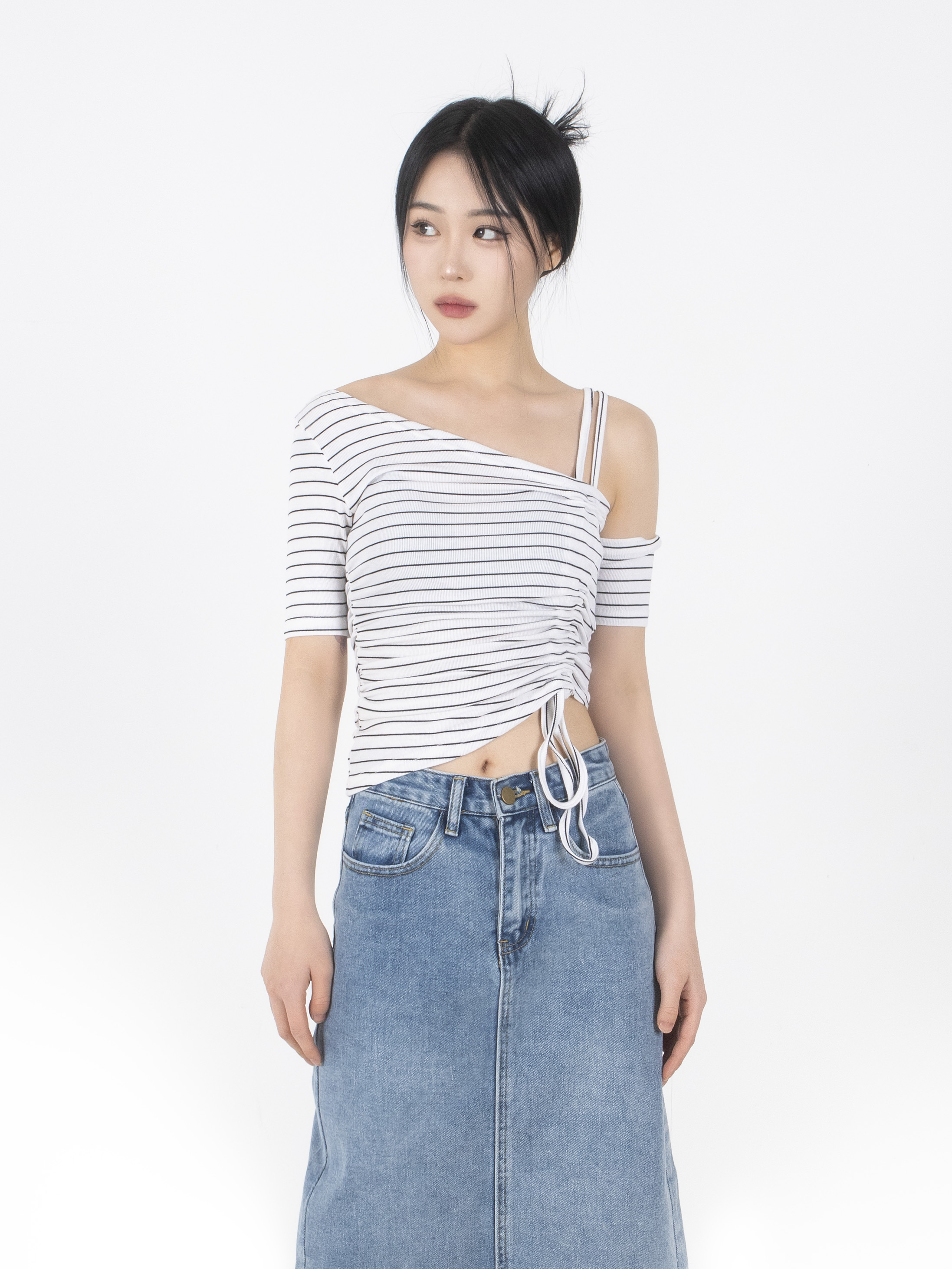 シャーリングワンショルダークロップド半袖Tシャツ | 詳細画像12