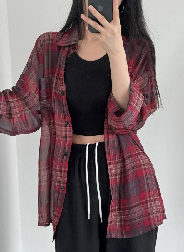 シアーレッドチェックポケットシャツ | レディースファッション通販