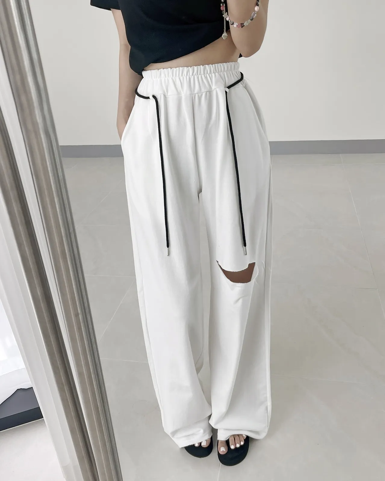 配色ストラップ付カットワイドスウェットパンツ | 詳細画像1