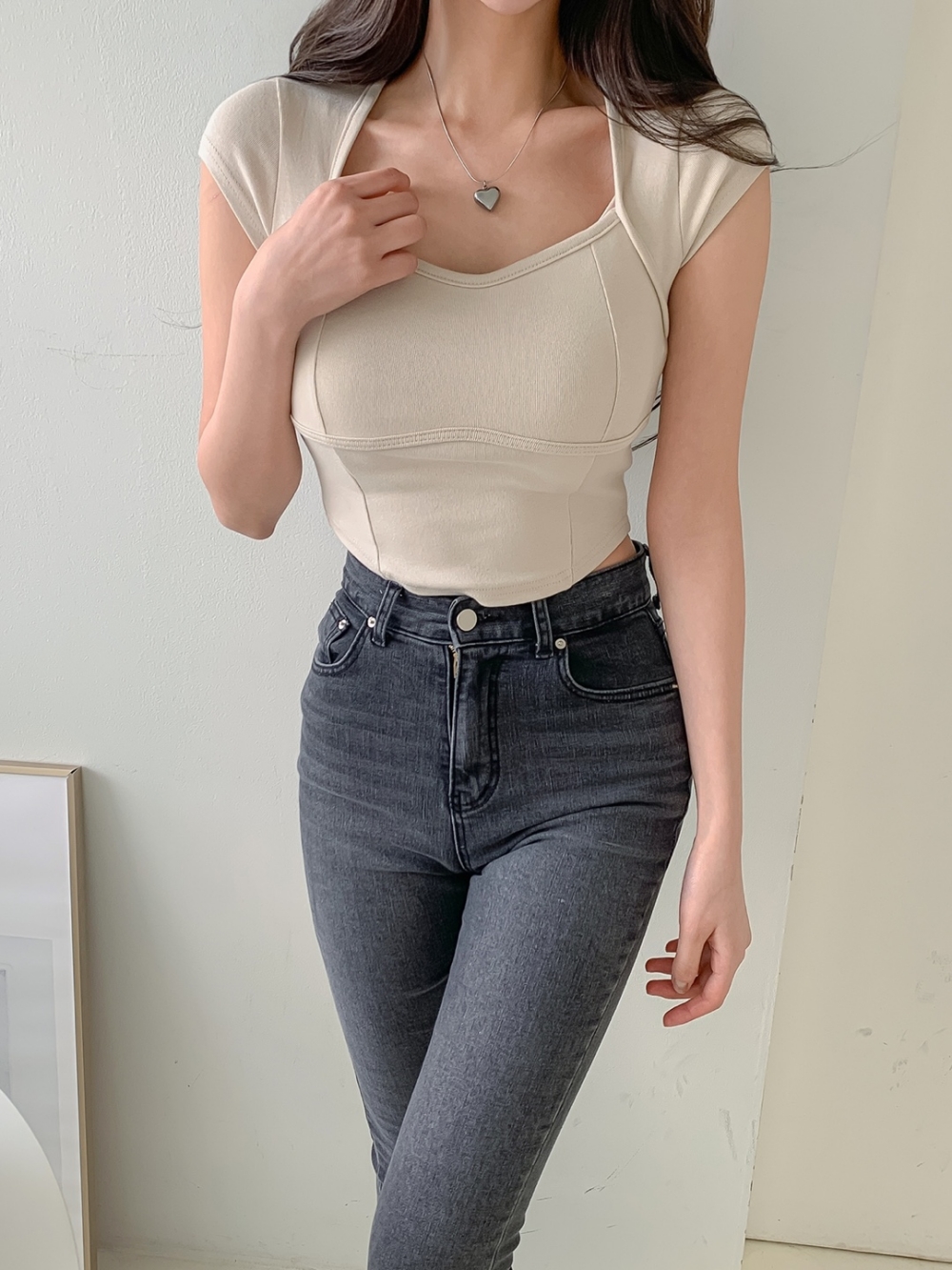 モダール混ラインクロップドキャップスリーブTシャツ | 詳細画像5