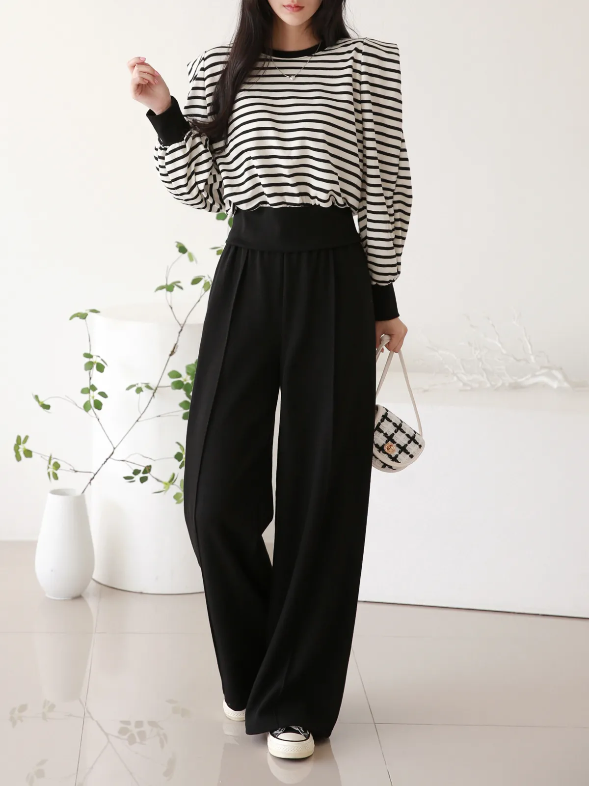 パワショル長袖ボーダースウェット&センタープレスパンツSET | 詳細画像1