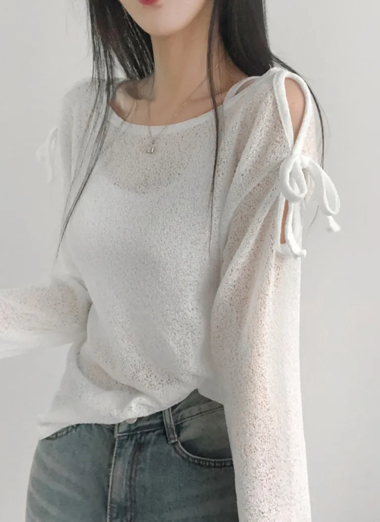 リボンオープンショルダーボートネックシアーTシャツ | lilisense | 詳細画像1