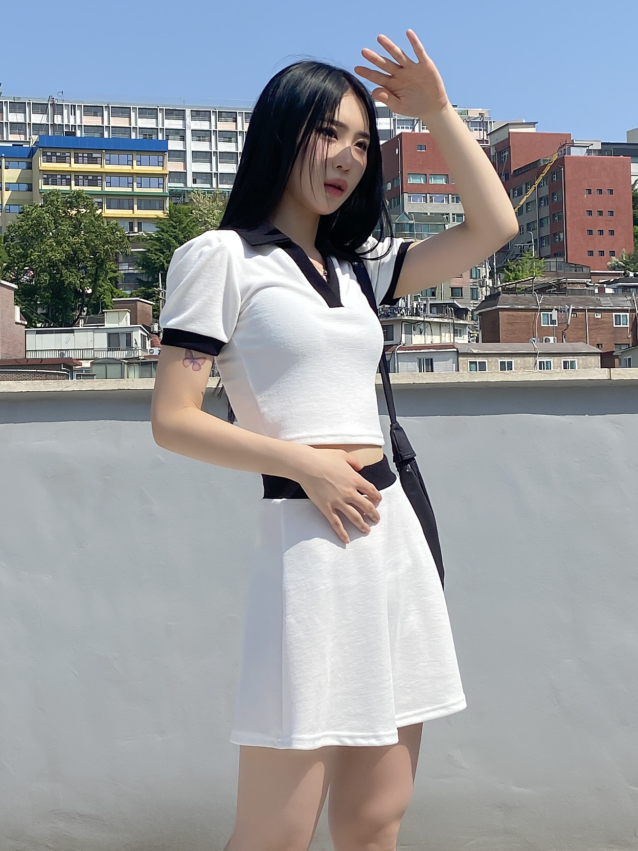 配色スキッパークロップド半袖Tシャツ&ウエストゴムフレアミニスカートSET | 詳細画像5