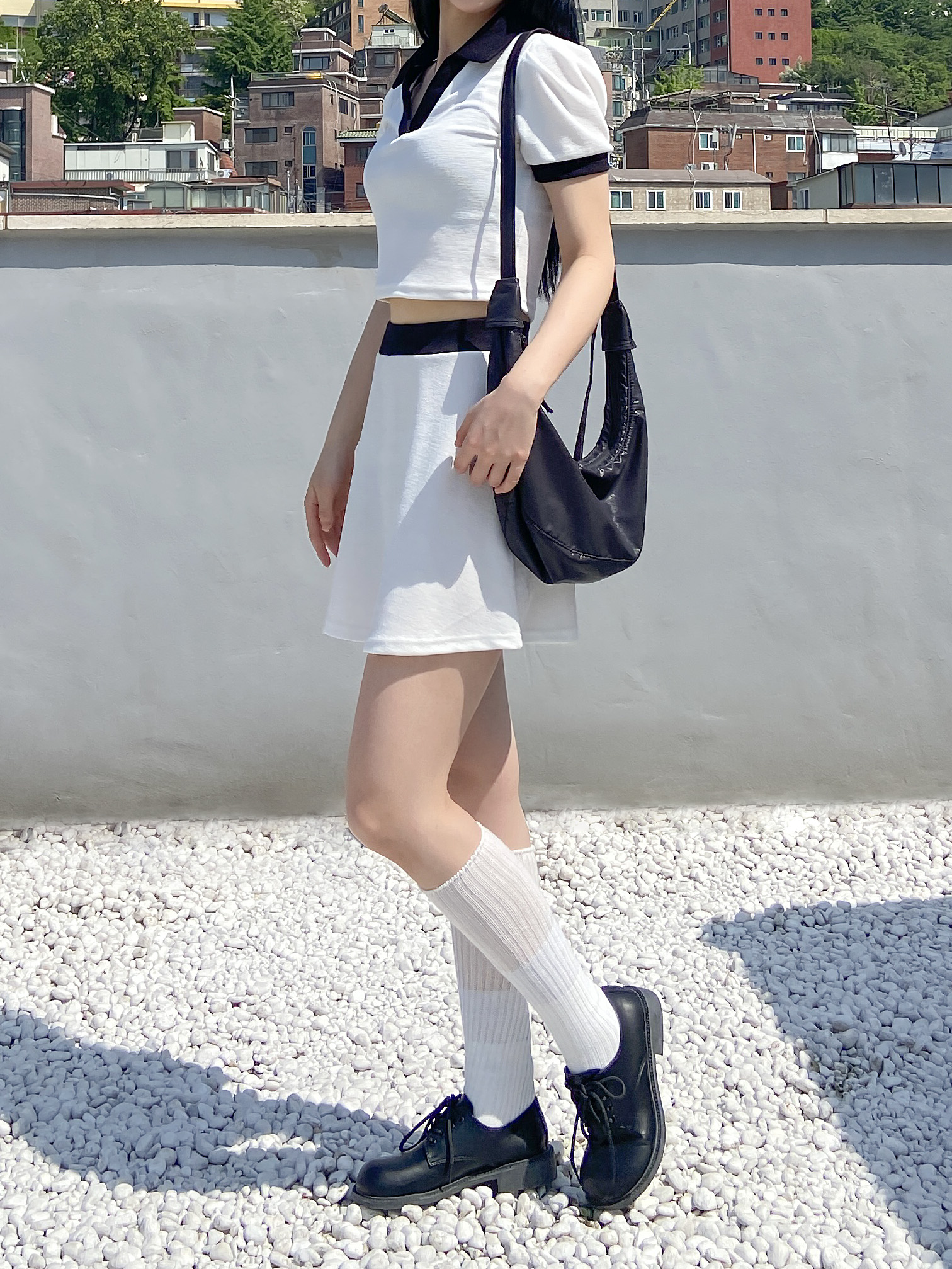 配色スキッパークロップド半袖Tシャツ&ウエストゴムフレアミニスカートSET | 詳細画像3