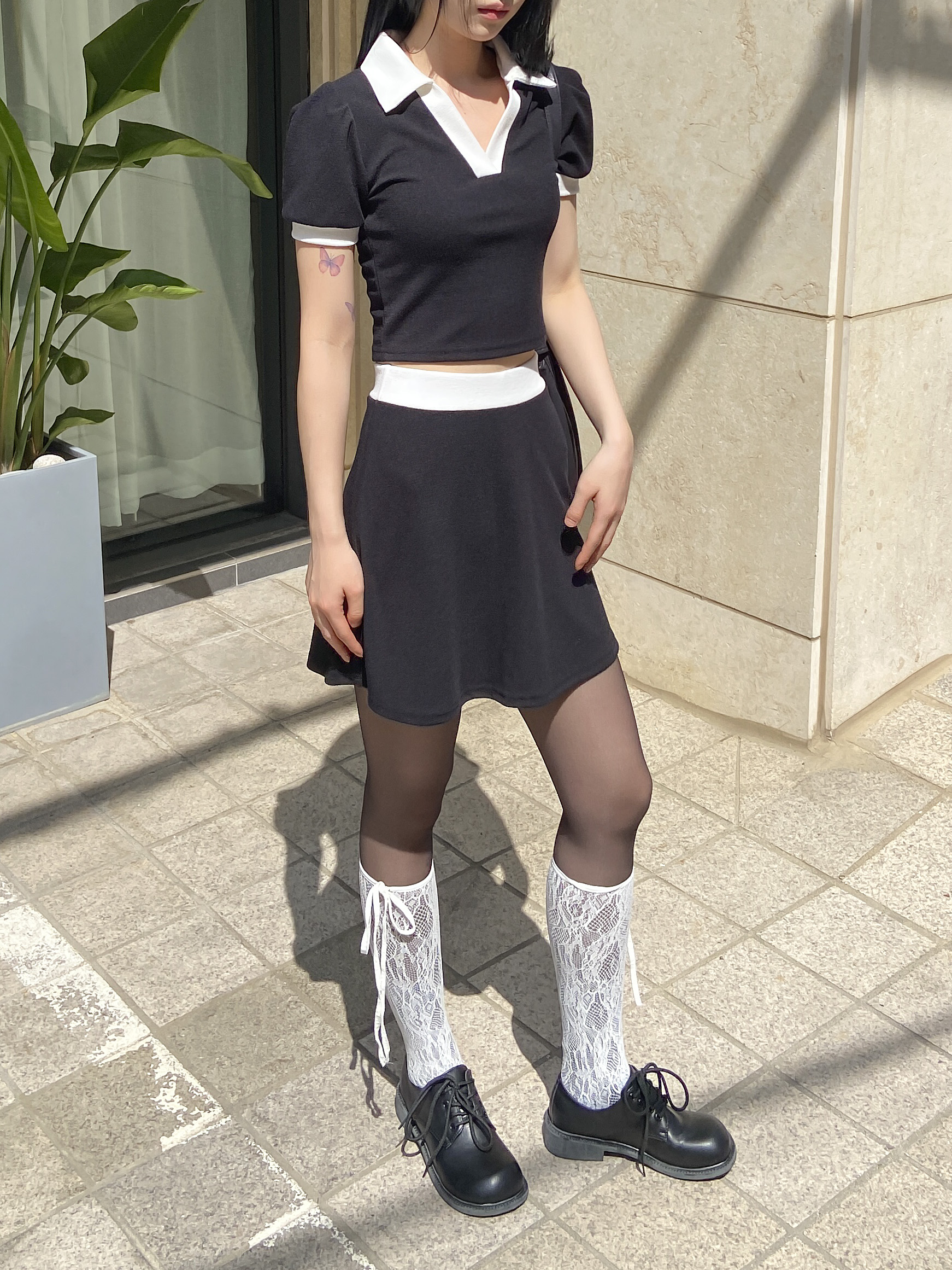 配色スキッパークロップド半袖Tシャツ&ウエストゴムフレアミニスカートSET | 詳細画像8