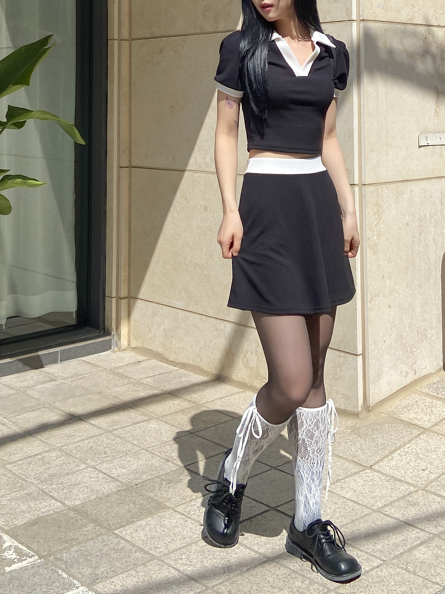 配色スキッパークロップド半袖Tシャツ&ウエストゴムフレアミニスカートSET | 詳細画像7