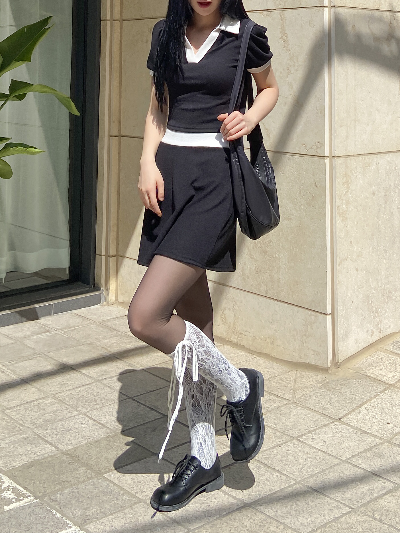 配色スキッパークロップド半袖Tシャツ&ウエストゴムフレアミニスカートSET | 詳細画像11