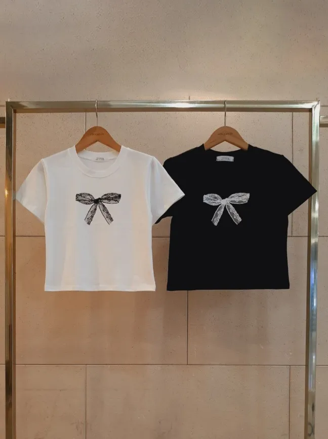 レースリボンプリントクロップド半袖Tシャツ | 詳細画像1