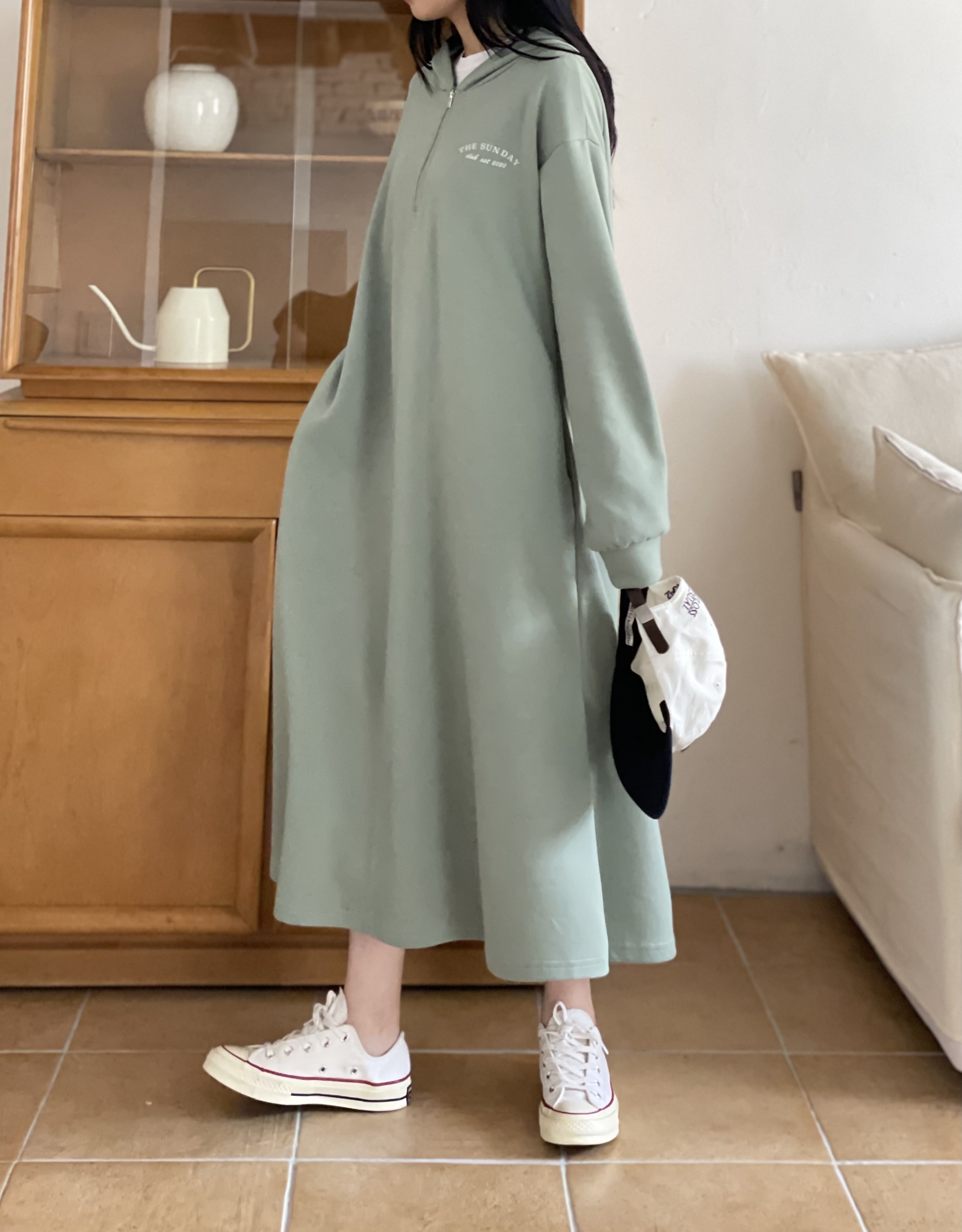 英字レタリングハーフジップパーカーワンピース | 詳細画像14