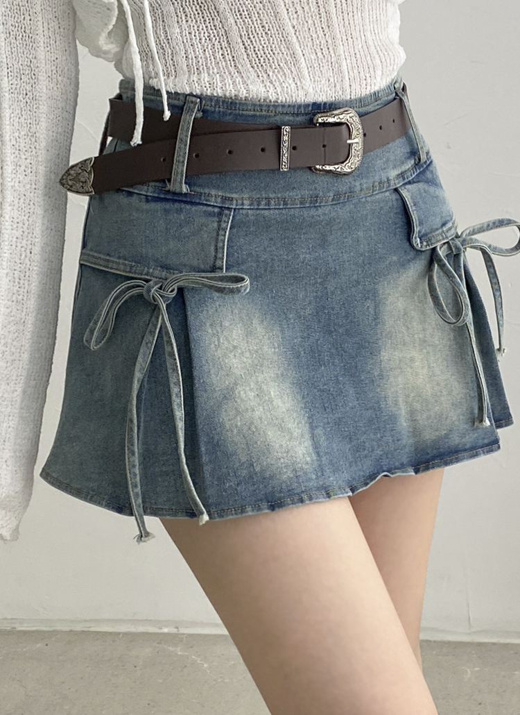 【Cider】サイド リボン ローライズ デニム ミニスカート ローライズサイドリボンデニムスカートパンツ | レディース