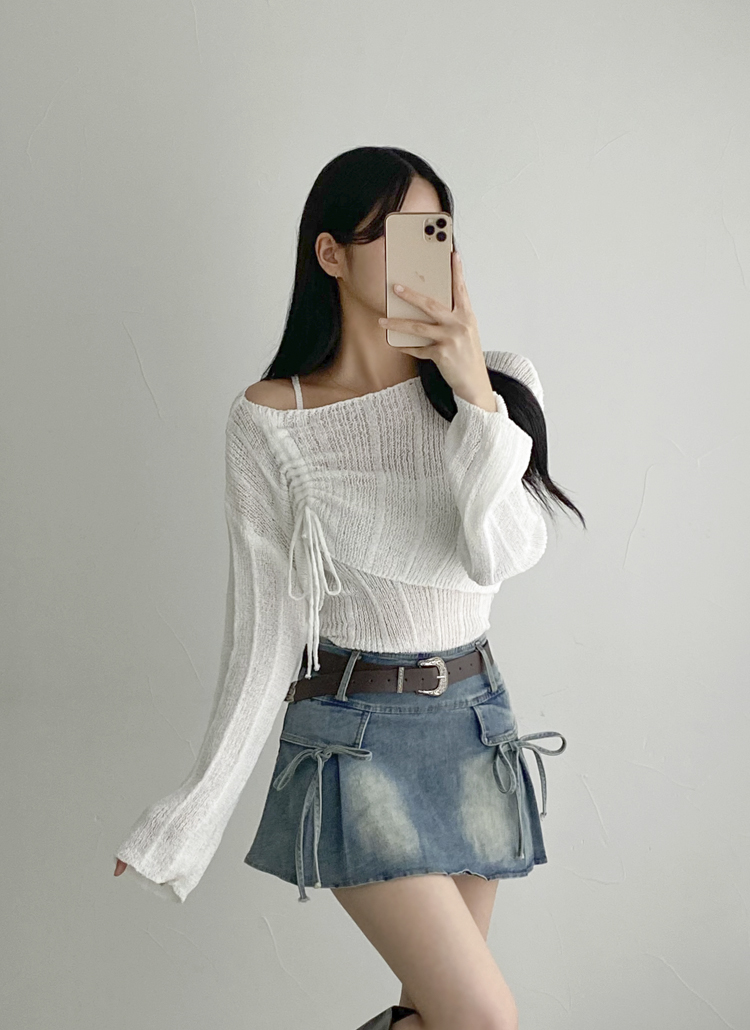 ローライズサイドリボンデニムスカートパンツ | レディース