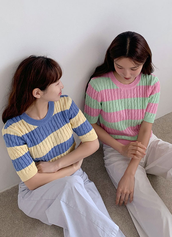ボーダーケーブル半袖ニット | レディースファッション通販 - DHOLIC
