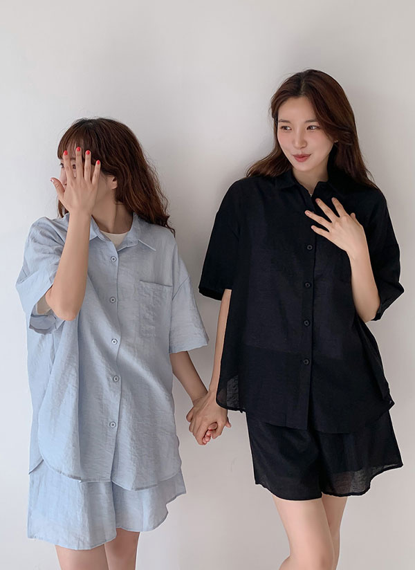 【boohoo】リネン半袖シャツ＆ショートパンツセット 涼感レーヨン半袖バンドカラーシャツ＆ショートパンツ