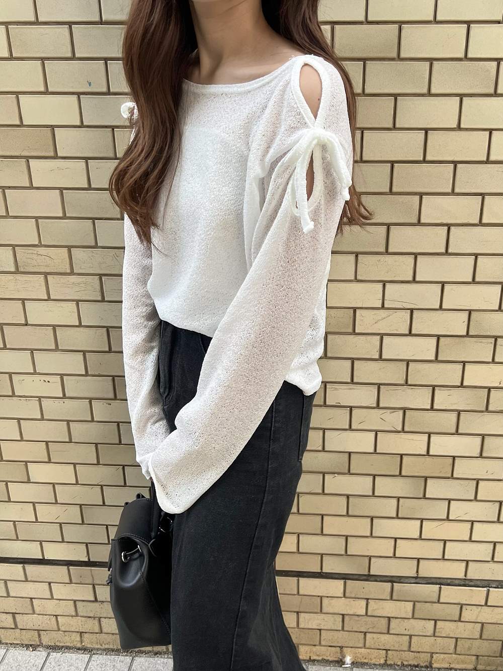 リネン混オープンショルダーリボンTシャツ | 詳細画像3