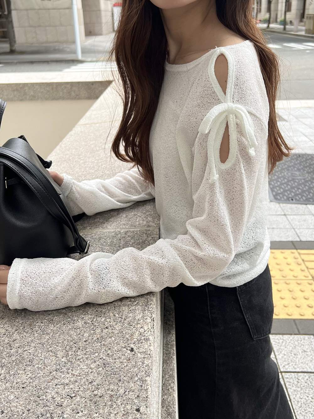 リネン混オープンショルダーリボンTシャツ | 詳細画像5