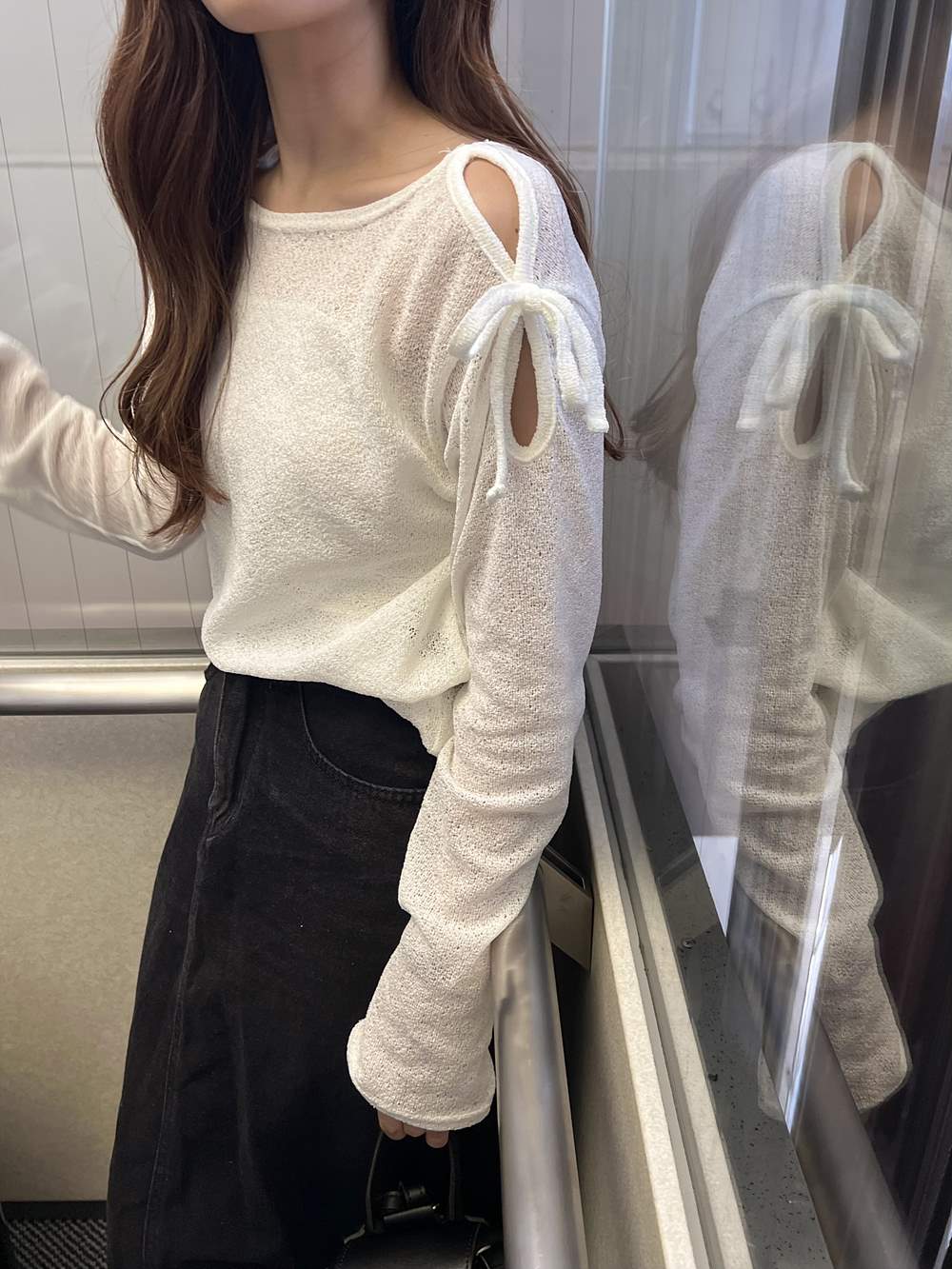 リネン混オープンショルダーリボンTシャツ | 詳細画像6
