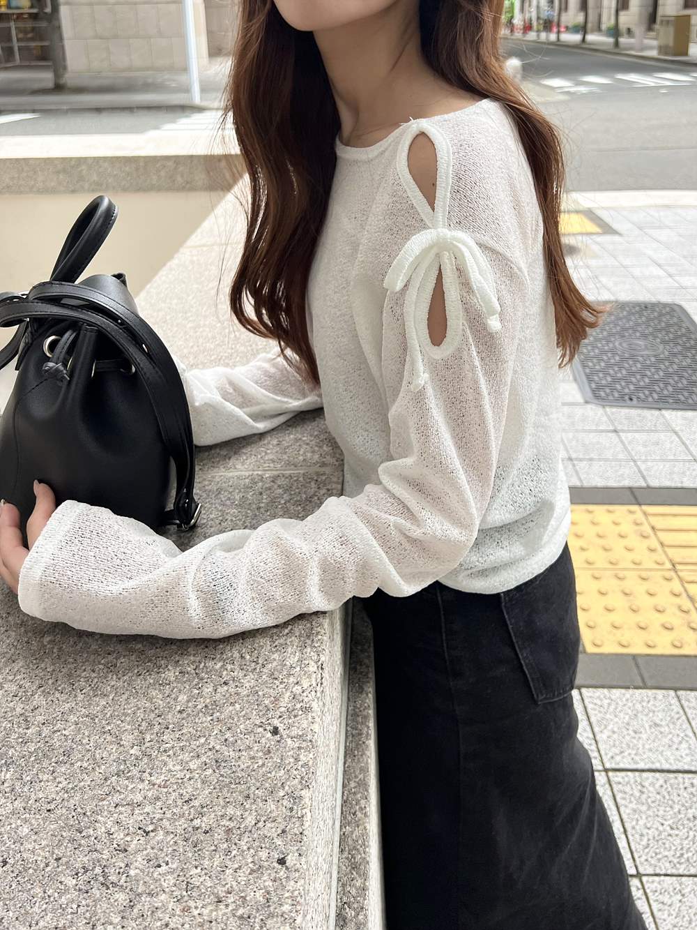 リネン混オープンショルダーリボンTシャツ | 詳細画像8