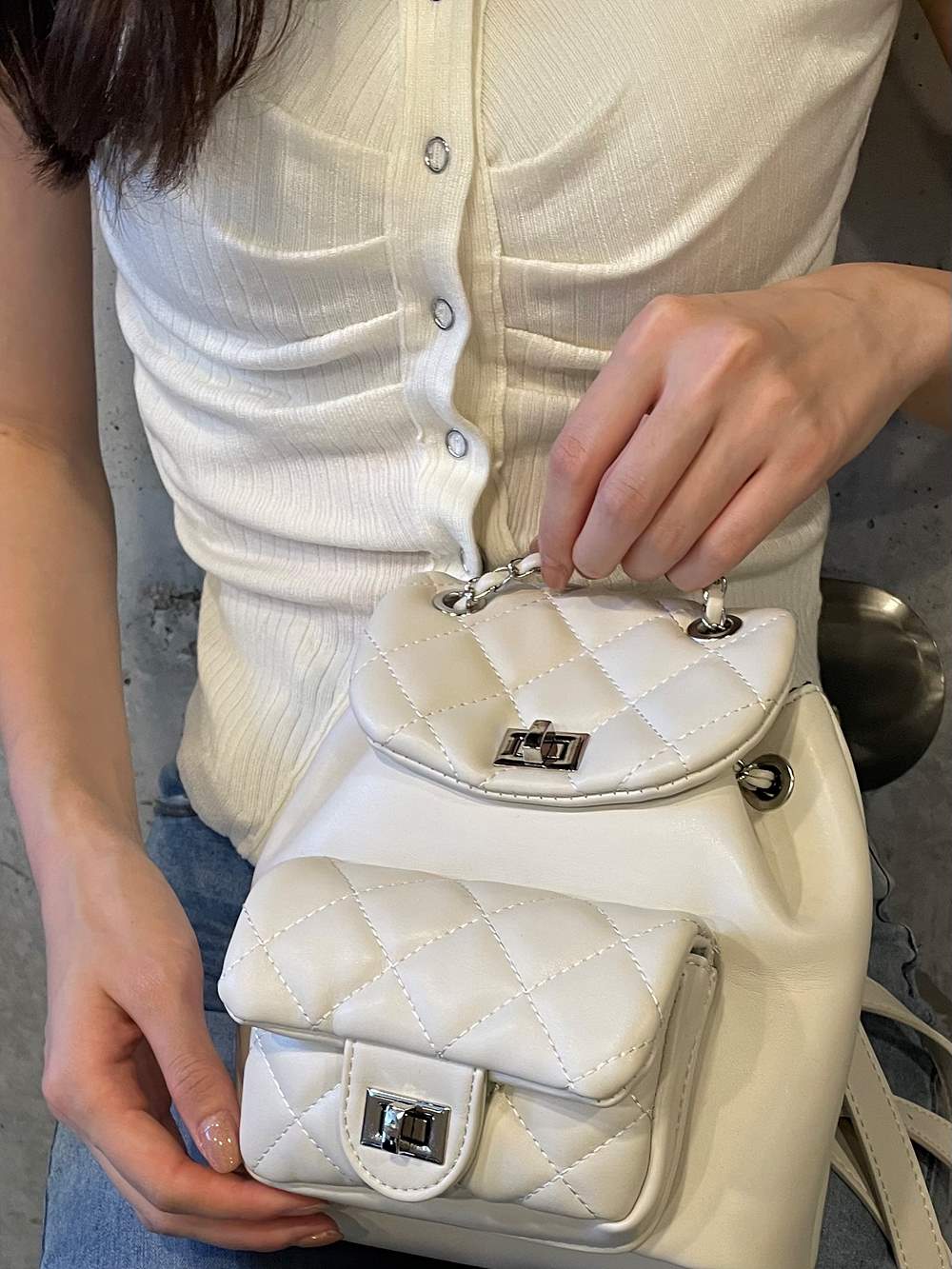 DHOLIC キルト風カウレザーバックパック ピンクベージュ