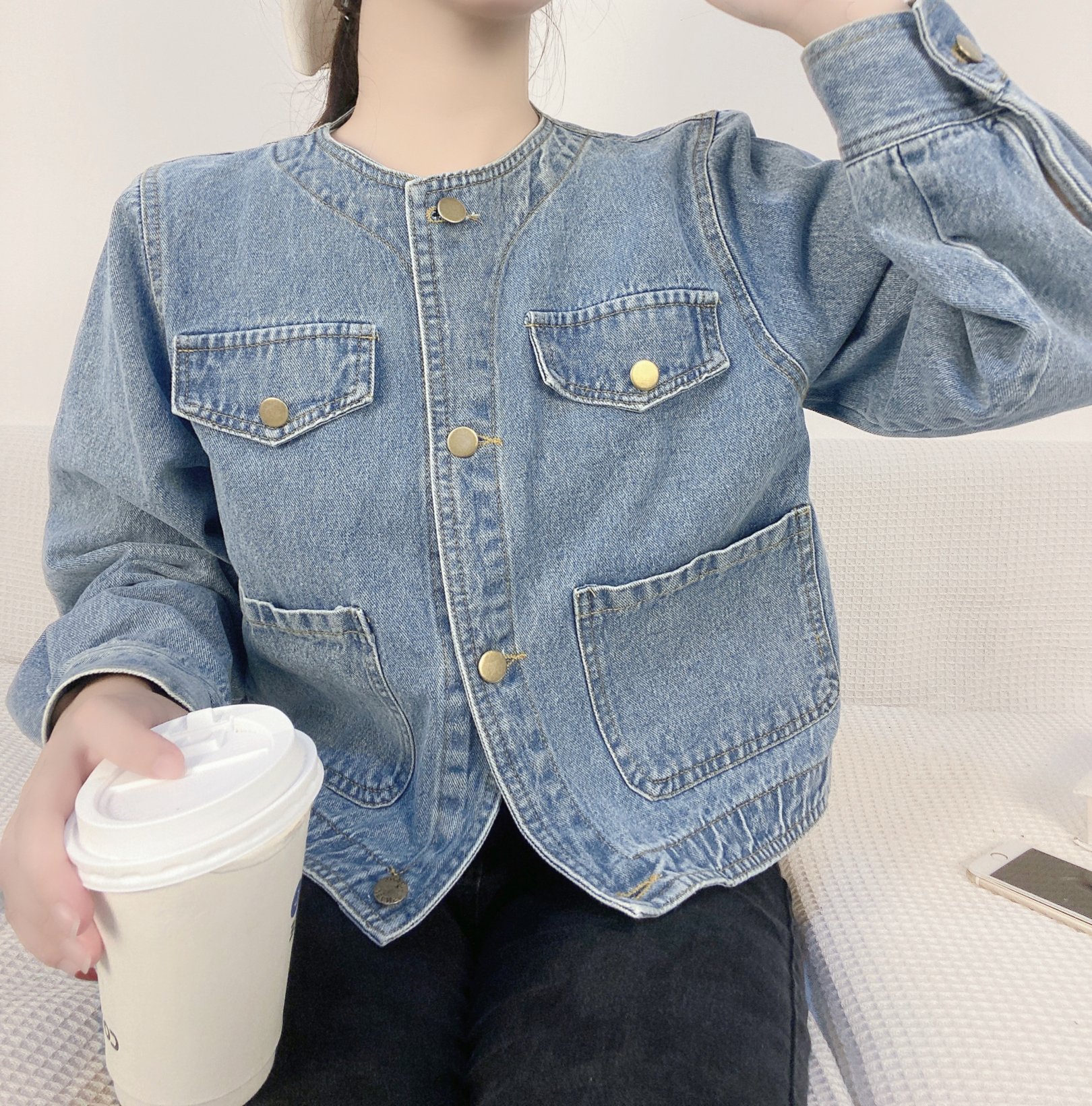 ゴールドボタンノーカラーデニムジャケット | 詳細画像11