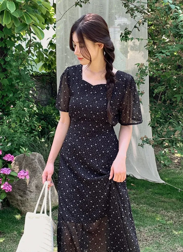 小花柄ダイヤネックシフォンフレアワンピース | hotping | 詳細画像1