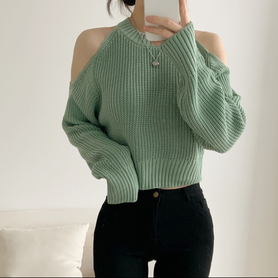 オープンショルダークロップドミドルゲージニット | 詳細画像2