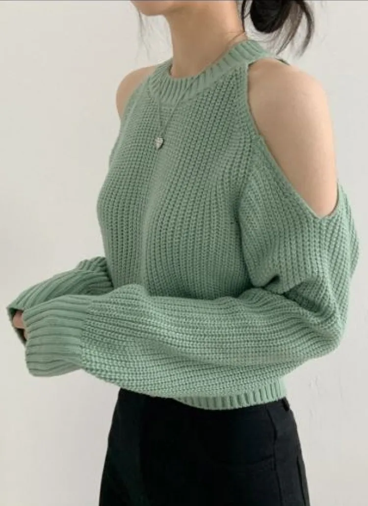 オープンショルダークロップドミドルゲージニット | 詳細画像1