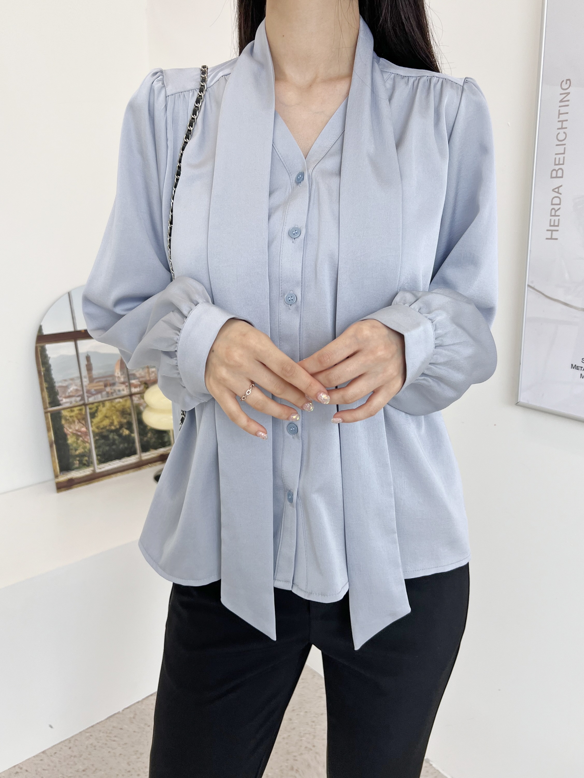 ギャザーVネックリボンタイブラウス | 詳細画像5