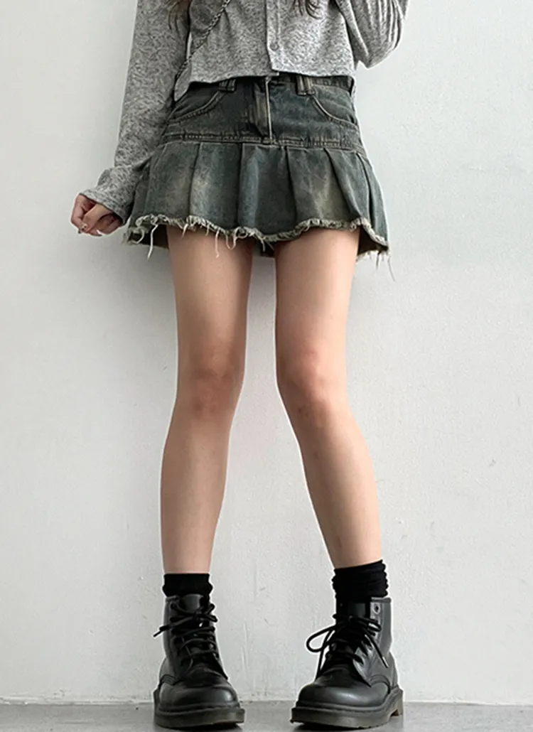 フレイドプリーツデニムミニスカートパンツ | hijjoo | 詳細画像1