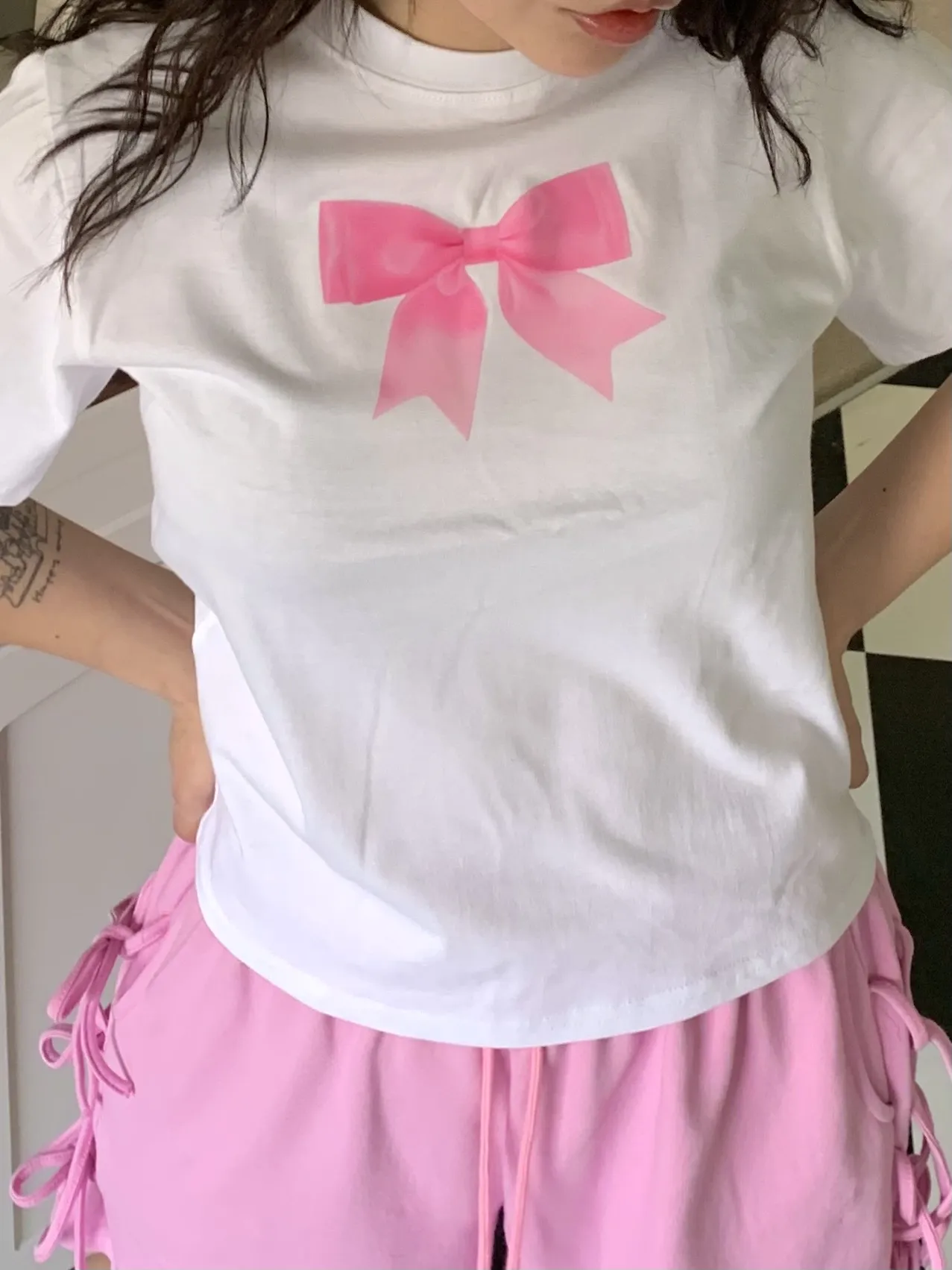 リボンプリントコットン半袖Tシャツ | 詳細画像1