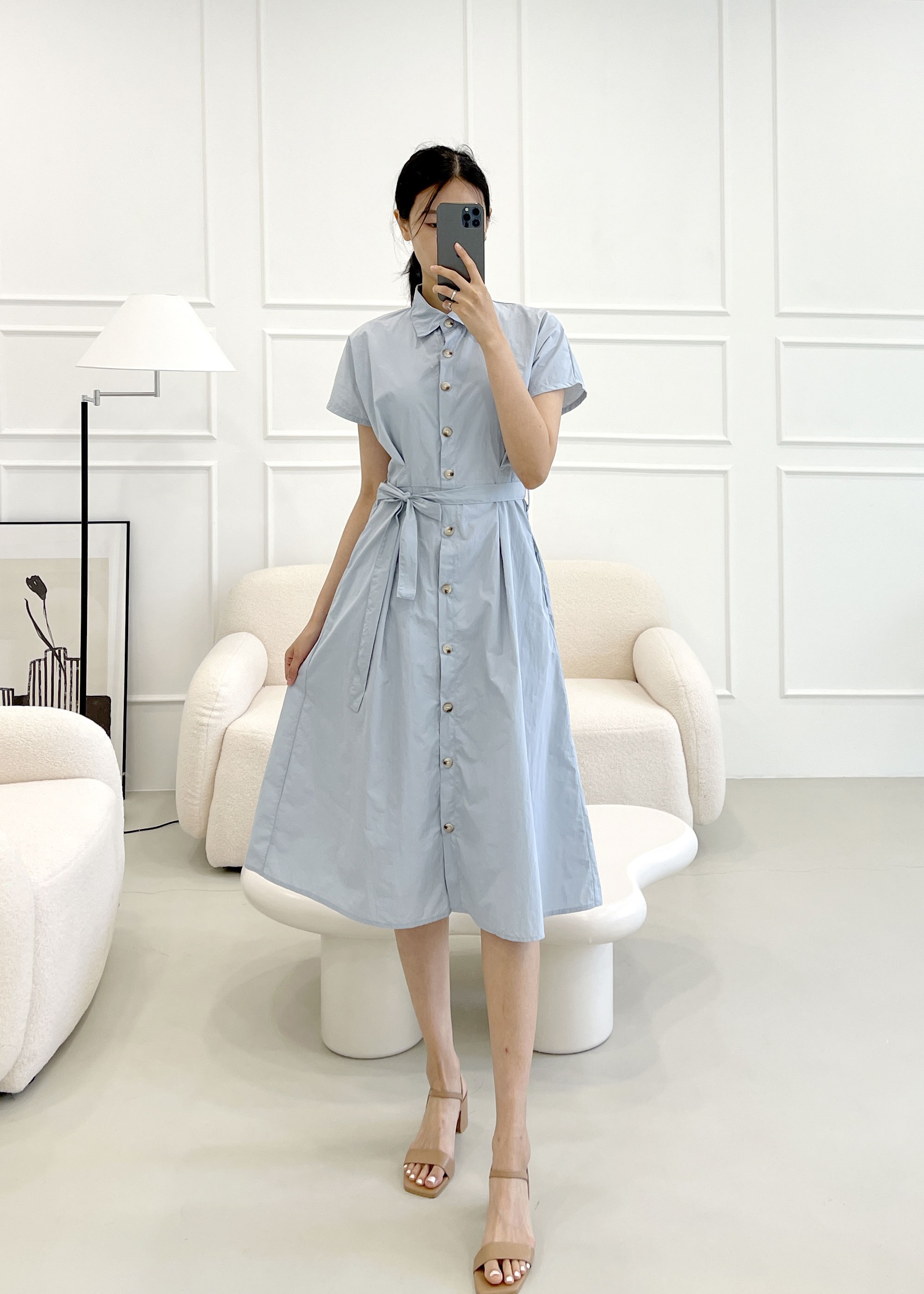 ストラップ付タック半袖シャツワンピース | レディースファッション