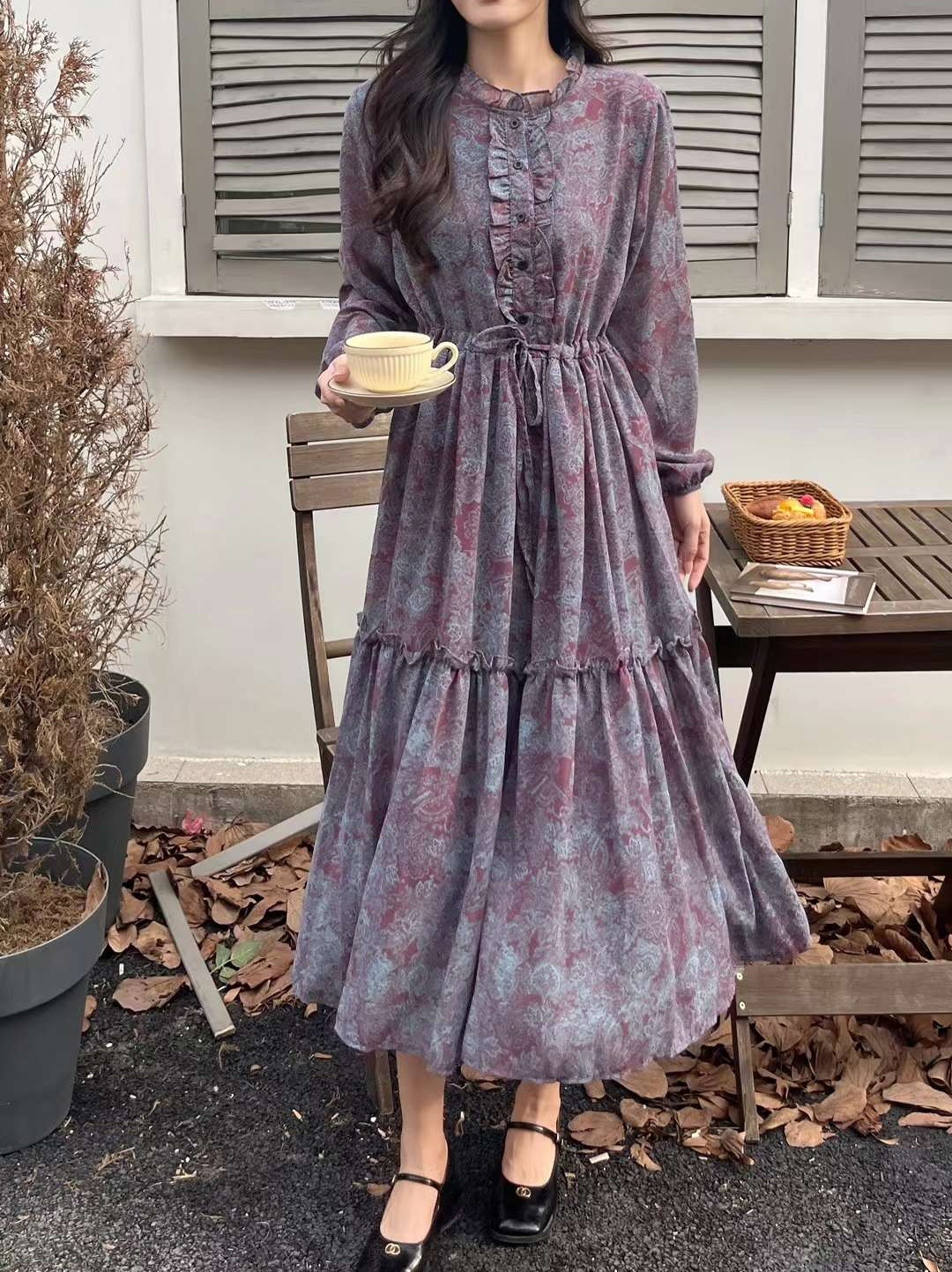 【未使用級】ダーマ ラッティ シフォン フリル ボトルネック フラワーワンピース フリル花柄シフォンドロストワンピース | レディースファッション通販