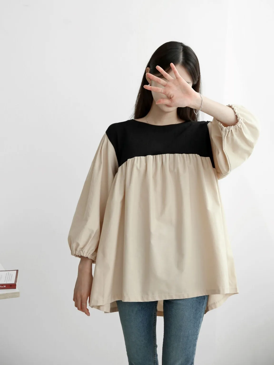 配色ドッキングフレアパフブラウス | 詳細画像1