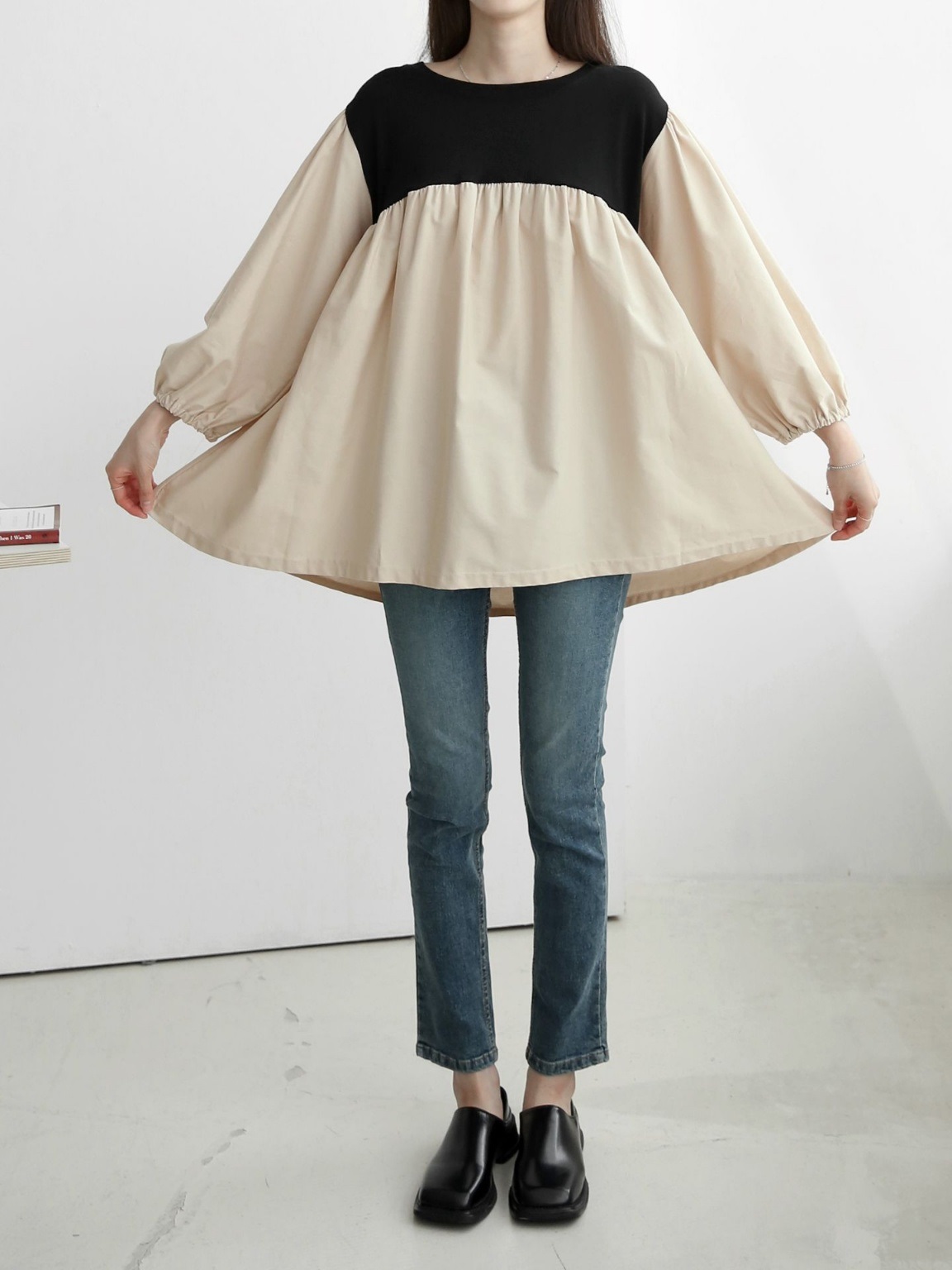 配色ドッキングフレアパフブラウス | 詳細画像3