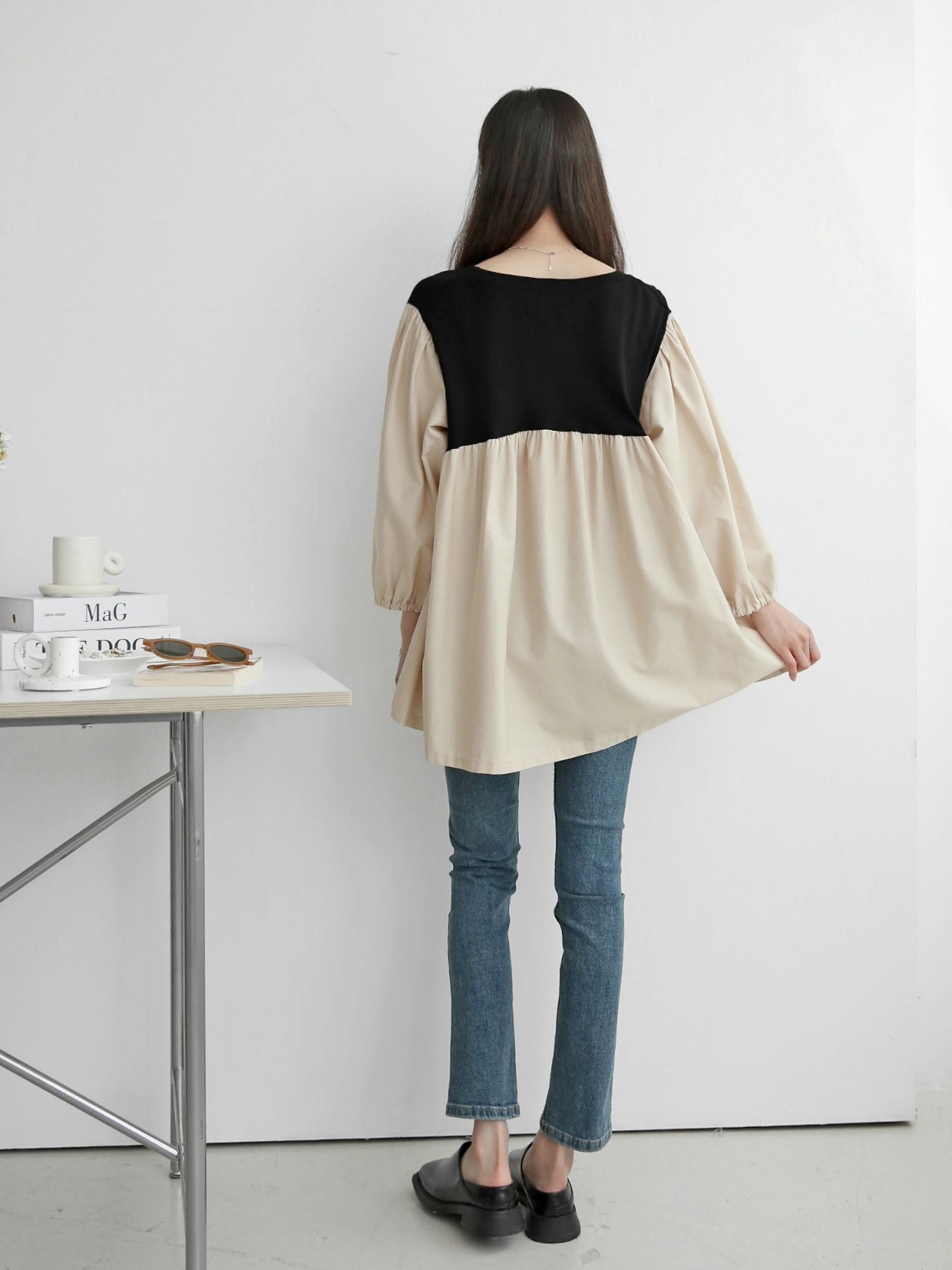 配色ドッキングフレアパフブラウス | 詳細画像4