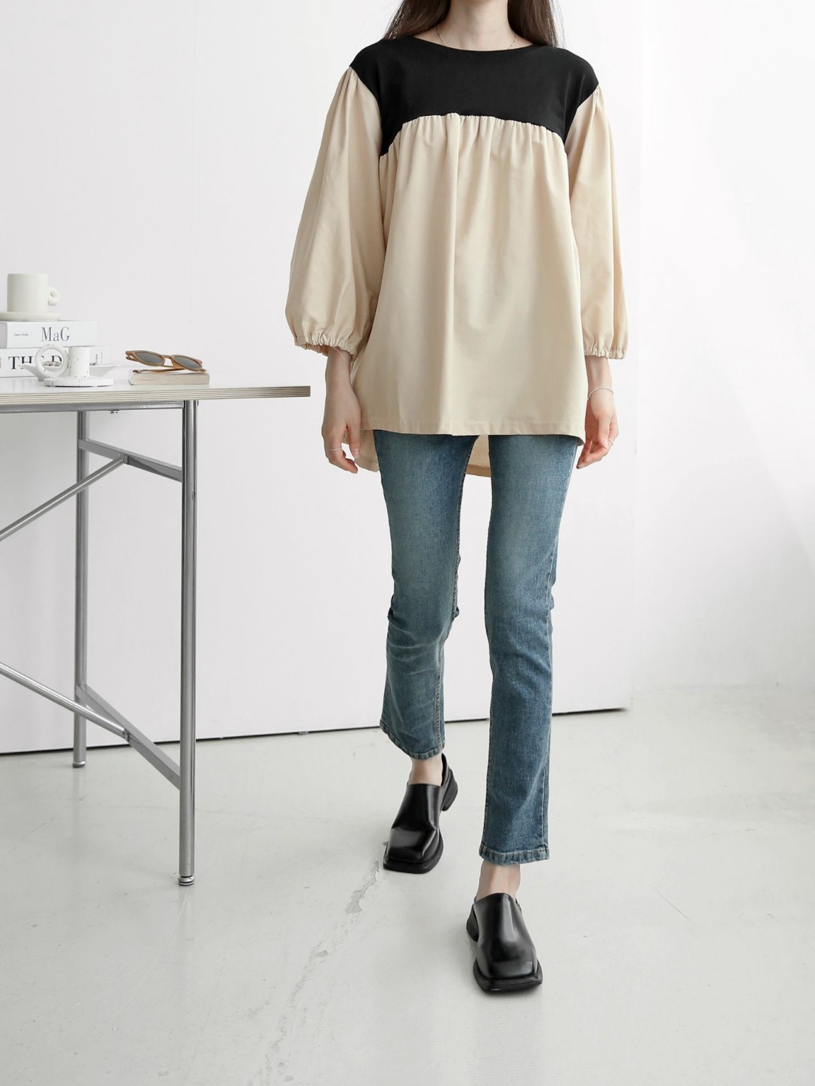配色ドッキングフレアパフブラウス | 詳細画像5