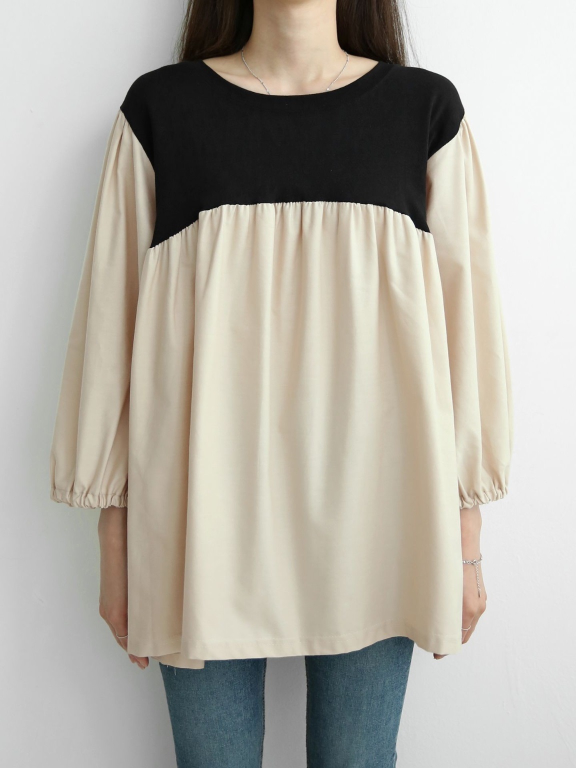 配色ドッキングフレアパフブラウス | 詳細画像6
